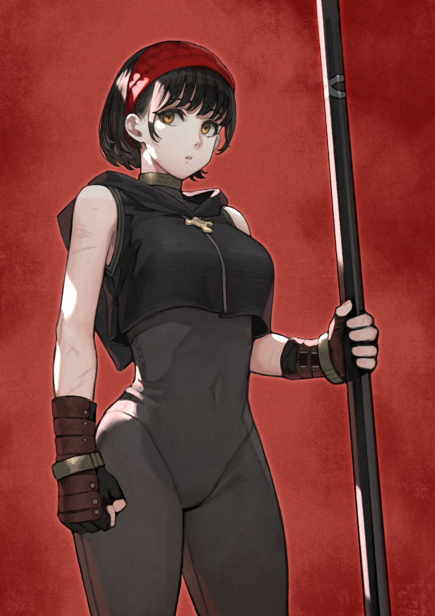 1girl, black_hair, bodysuit, breasts, english_commentary, fingerless_gloves, gauntlets, gloves