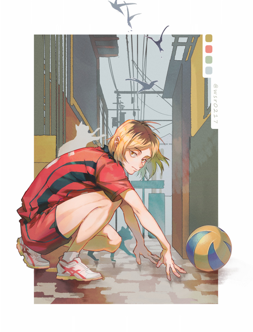 1boy, arm_support, ball, bangs, bird, blonde_hair, border, cat