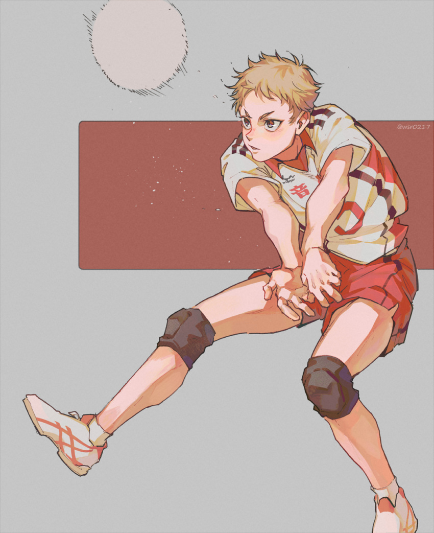1boy, bangs, blonde_hair, brown_hair, grey_background, haikyuu!!, highres, looking_away