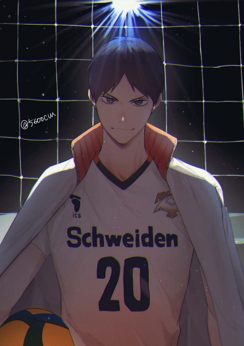 1boy, 5600cm, anaglyph, ball, bangs, black_eyes, black_hair, haikyuu!!, holding, holding_ball, jacket, jacket_on_shoulders, kageyama_tobio, looking_at_viewer, male_focus, older, short_hair, simple_background, smile, solo, sportswear, standing, twitter_username, upper_body, volleyball_net, volleyball_uniform