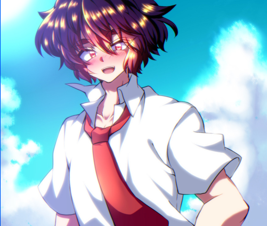 1boy, blue_hair, blue_sky, day, natsu_hotaru, necktie, original, red_eyes