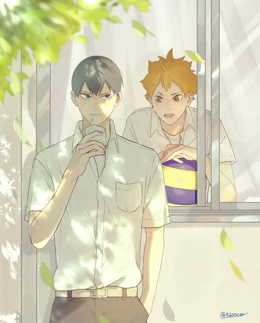 2boys, 5600cm, ball, bangs, belt, black_hair, drinking, drinking_straw