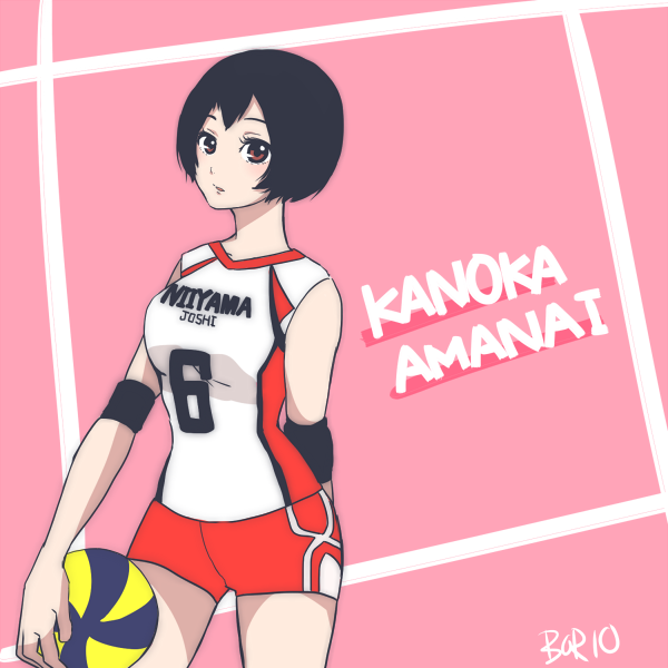 1girl, amanai_kanoka, ball, bare_shoulders, black_hair, borio_dover, breasts, character_name