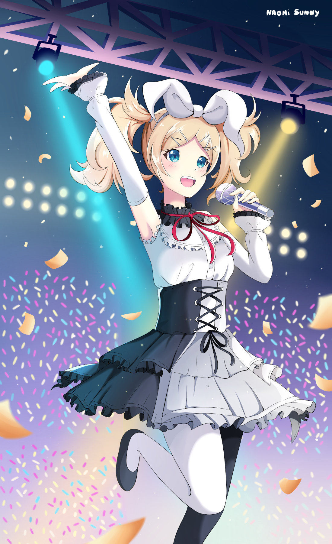 1girl, blonde_hair, fire_emblem, fire_emblem:_awakening, fire_emblem:_kakusei, lissa_(fire_emblem), performing, pigtails, singing, tights, vocaloid, white_bow