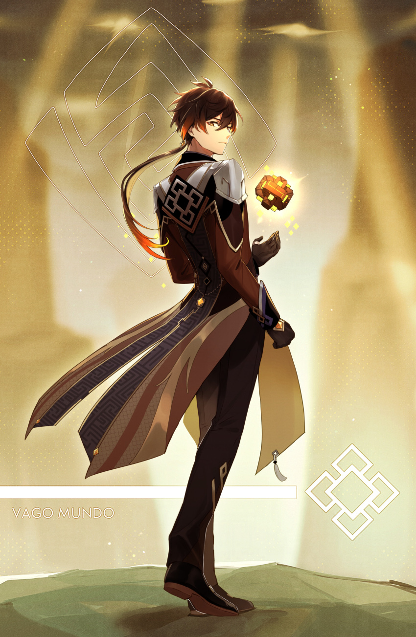 1boy, absurdres, bangs, black_gloves, blurry, blurry_background, brown_hair, closed_mouth, commentary_request, eyeshadow, floating, floating_object, formal, from_behind, full_body, genshin_impact, gloves, gradient_hair, hair_between_eyes, hair_tie, highres, jacket, jewelry, long_hair, long_pants, long_sleeves, looking_at_viewer, looking_back, makeup, male_focus, multicolored_hair, orange_hair, pants, pollitobr, ponytail, red_eyeshadow, shoes, solo, suit, thumb_ring, vision_(genshin_impact), yellow_eyes, zhongli_(genshin_impact)
