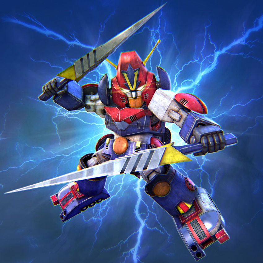 3d, chibi, choudenji_robo_combattler_v, combattler_v_(robot), dual_wielding, electricity, glowing, glowing_eyes