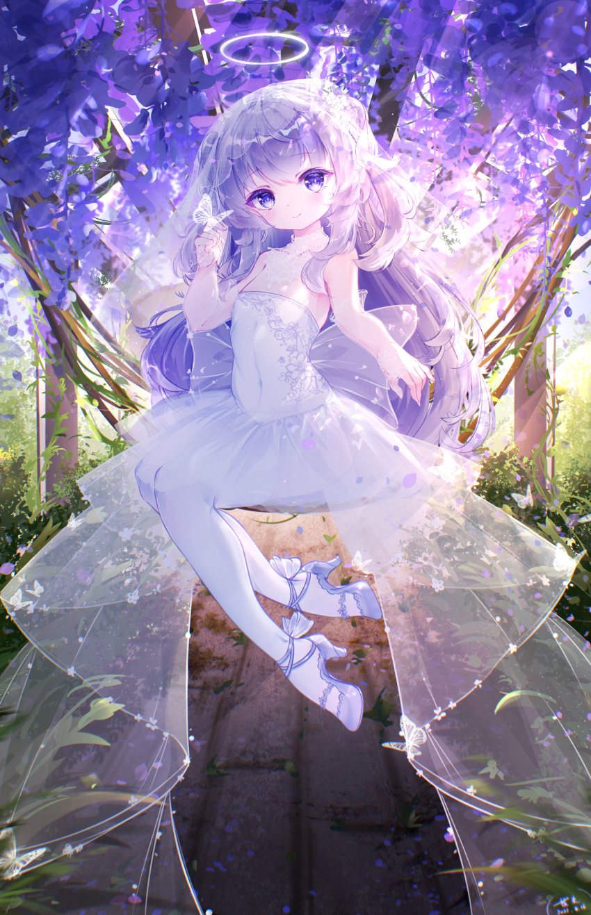 1girl, absurdres, blue_eyes, bride, bug, butterfly, covered_navel, dress