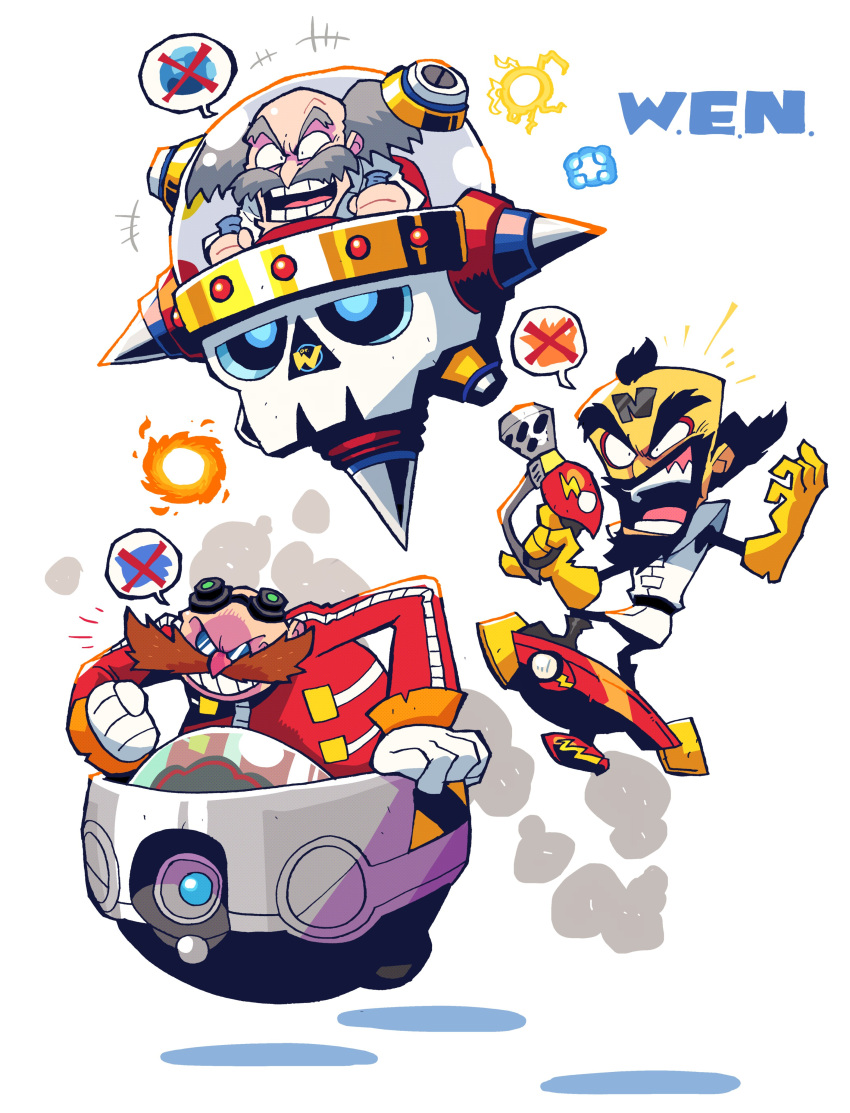 3boys, absurdres, bald, beard, black_eyes, black_hair, crash_bandicoot, crash_bandicoot_(character)