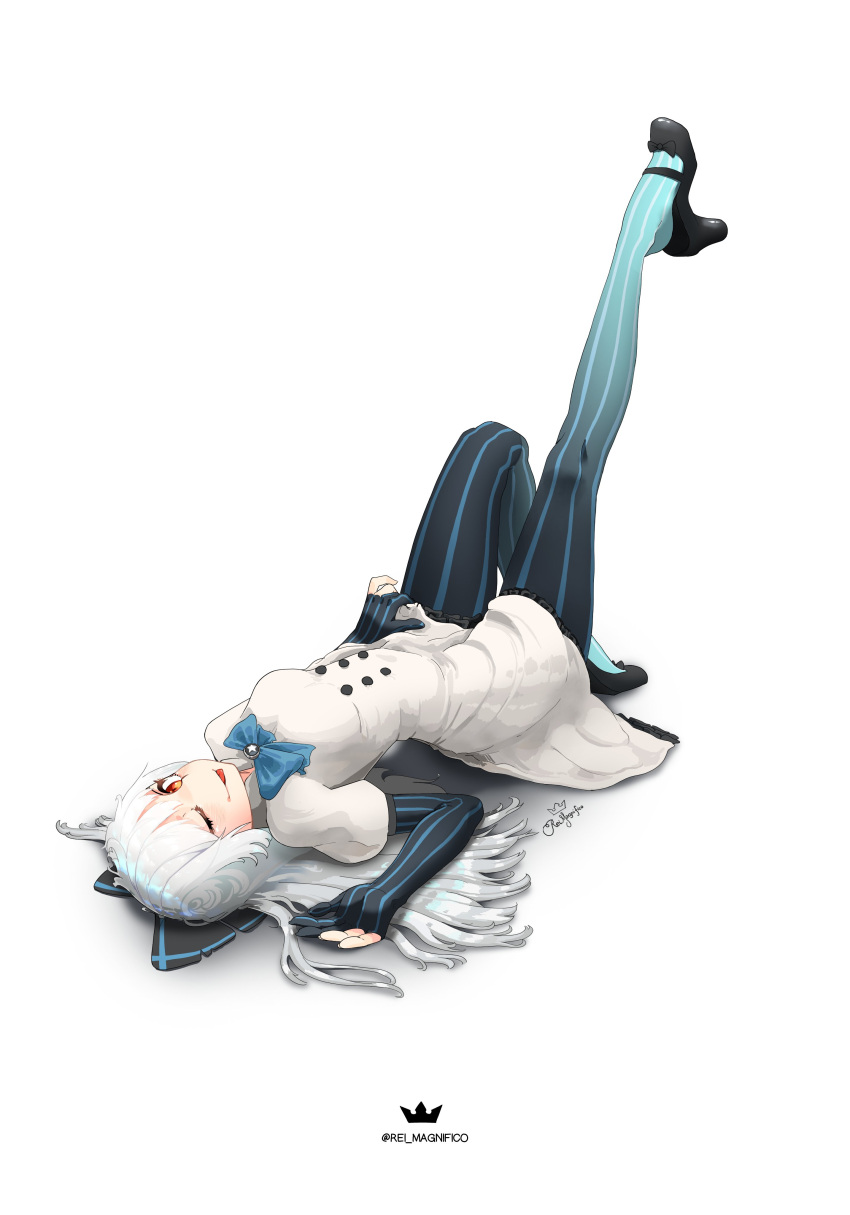 1girl, :p, absurdres, blush, bow, breasts, dress, girls_frontline, hair_bow, high_heels, highres, leg_up, long_hair, looking_at_viewer, lying, medium_breasts, on_back, orange_eyes, pinstripe_pattern, puffy_short_sleeves, puffy_sleeves, rei_magnifico, ribbon, short_dress, short_sleeves, solo, striped, tokarev_(girls_frontline), tongue, tongue_out, very_long_hair, white_hair