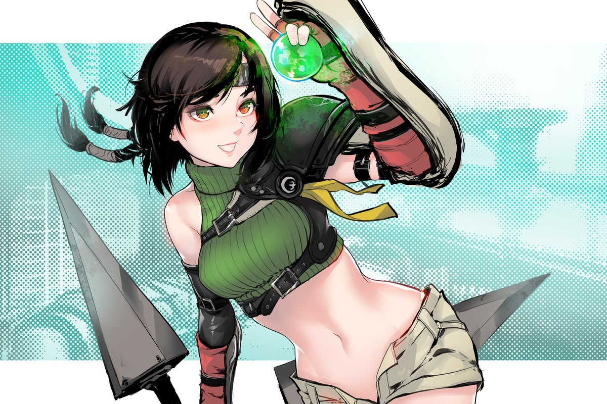1girl, bangs, black_hair, black_headband, brown_eyes, brown_shorts, cropped_sweater, english_commentary