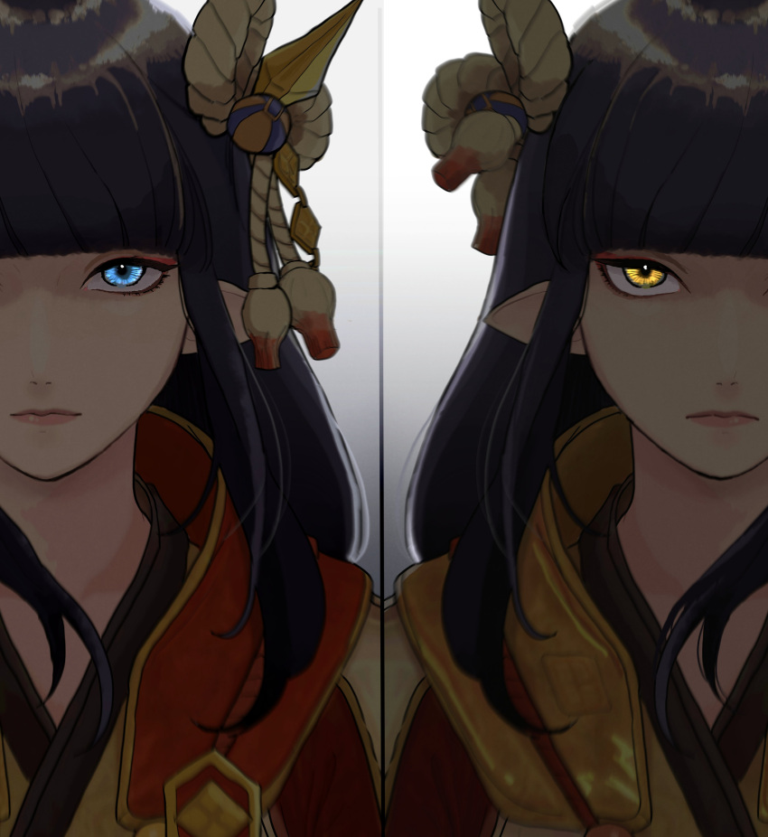 2girls, absurdres, artist_request, bangs, black_hair, blue_eyes, blunt_bangs, eyebrows_visible_through_hair