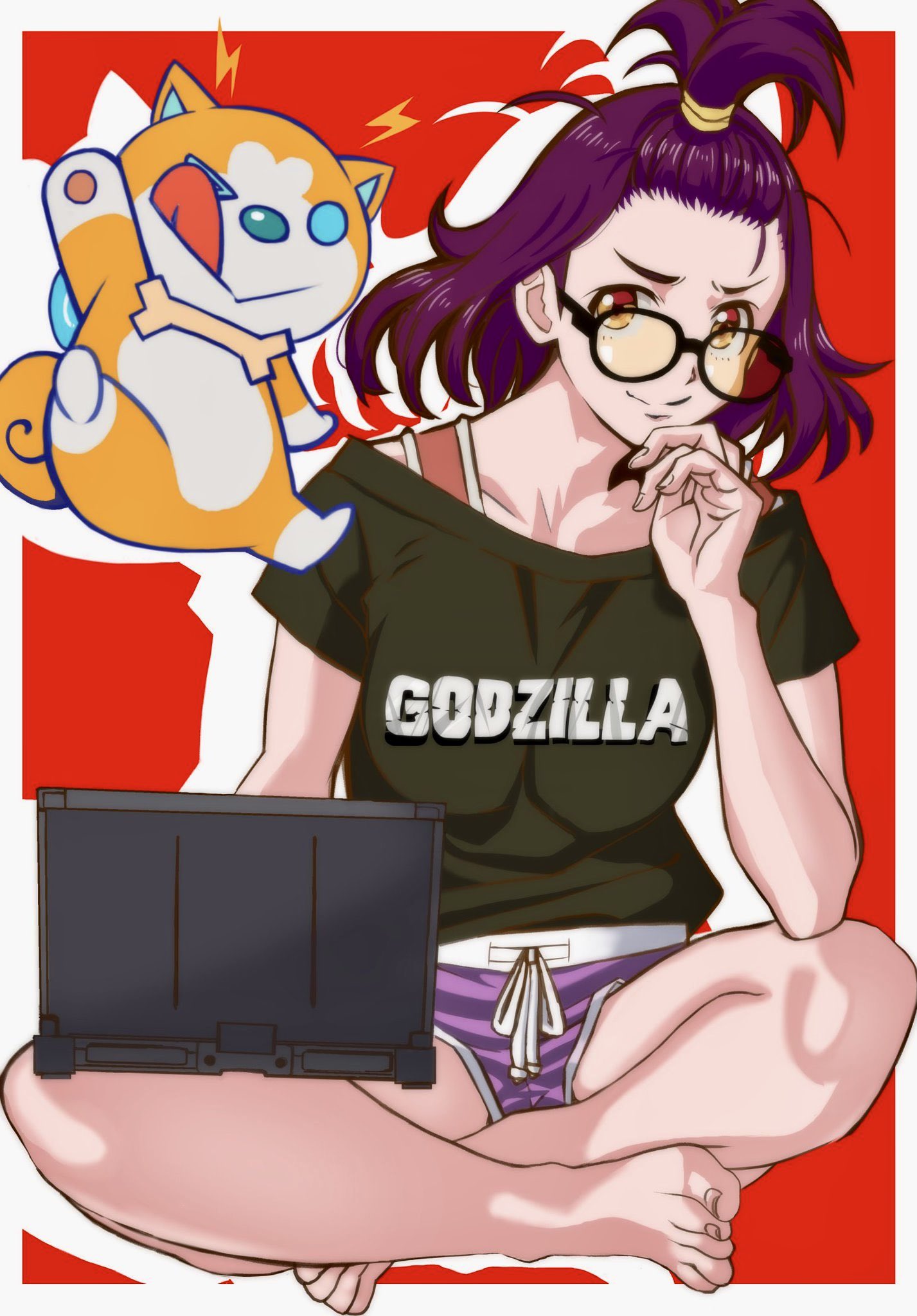 1girl, barefoot, glasses, godzilla:_singular_point, godzilla_(series), kamino_mei, laptop, pero2