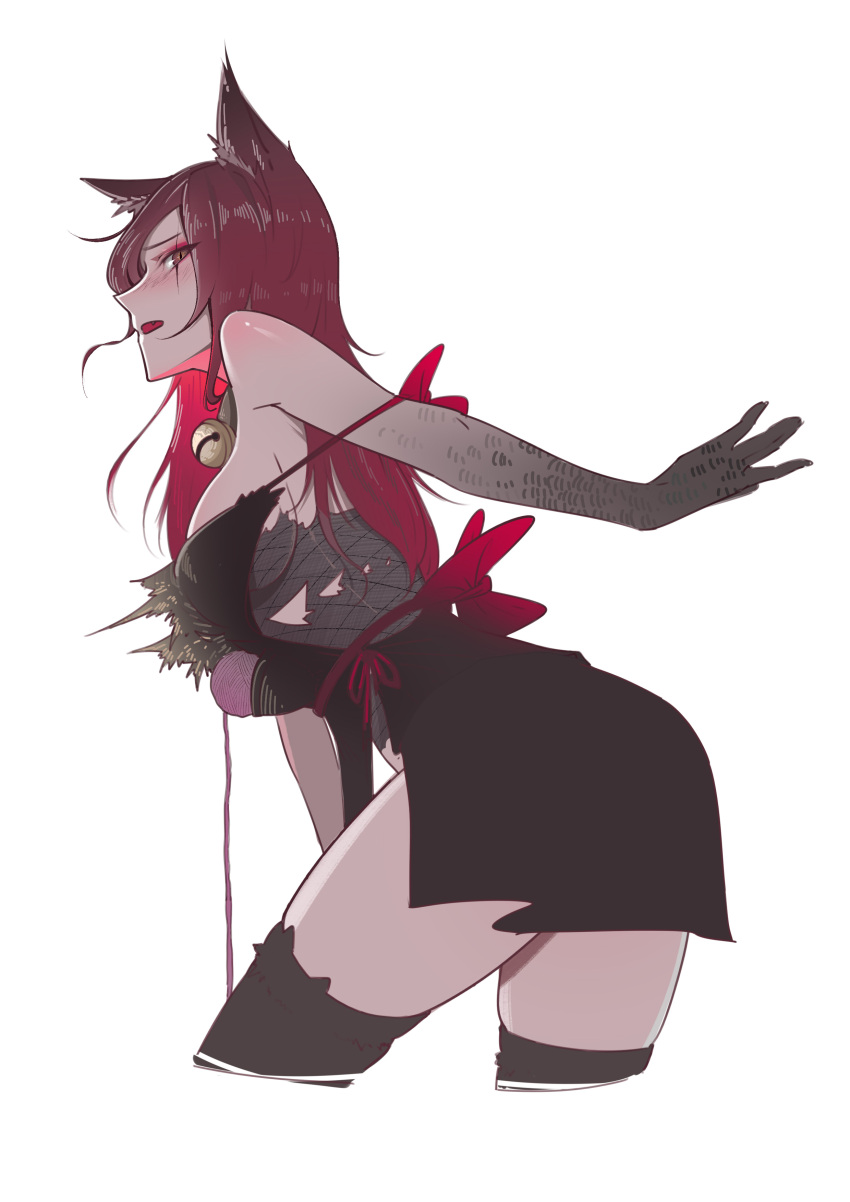 1girl, absurdres, animal_ear_fluff, animal_ears, bare_shoulders, bell, black_legwear, blush, brown_eyes, brown_hair, cat_ears, fang, fishnets, gradient, gradient_hair, highres, katarina_du_couteau, kitty_cat_katarina, league_of_legends, long_hair, multicolored_hair, mumuy, open_mouth, redhead, scar, scar_across_eye, scar_on_face, simple_background, slit_pupils, solo, thigh-highs, torn, torn_clothes, white_background, yarn, yarn_ball