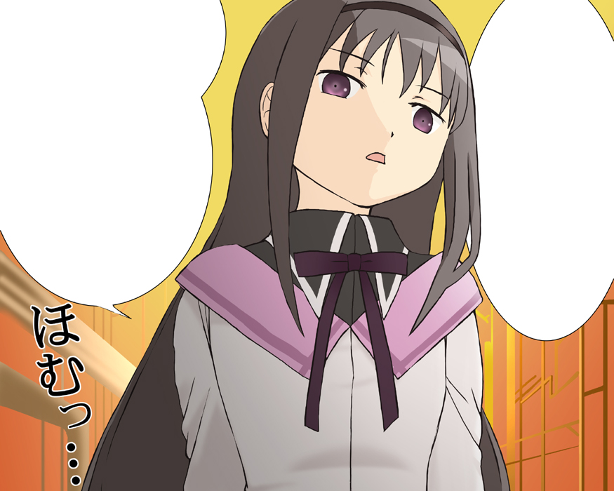 1girl, akemi_homura, alley, bangs, black_hair, black_hairband, black_shirt, collared_shirt