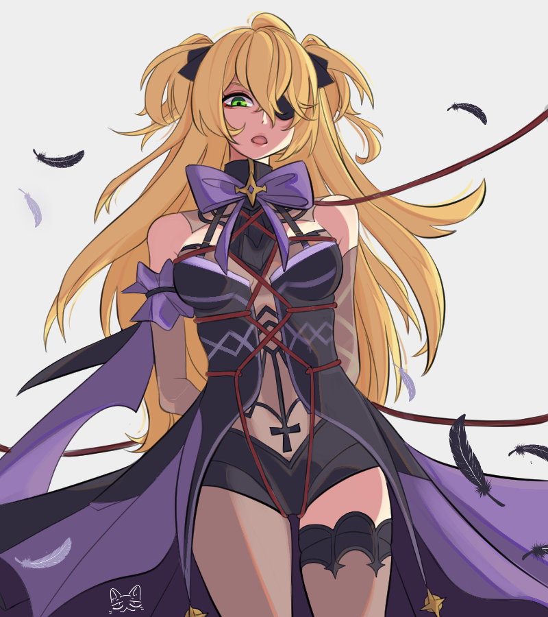 1girl, arms_behind_back, bare_shoulders, bdsm, black_eyepatch, black_feathers, blonde_hair, bow
