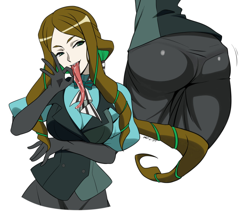 1girl, ass, black_gloves, black_lips, breasts, brown_hair, colored_inner_hair, eyeshadow
