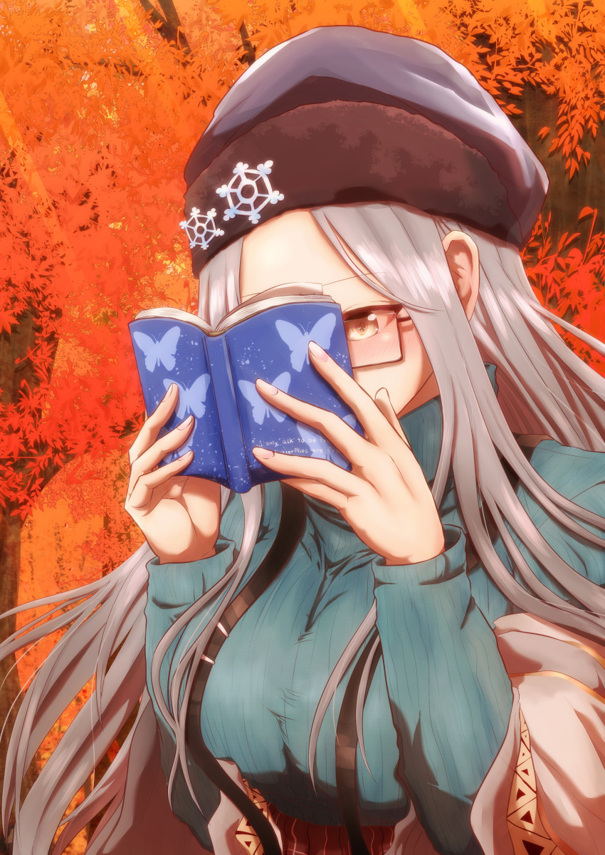 1girl, absurdres, aqua_sweater, autumn_leaves, azur_lane, blush, book, breasts