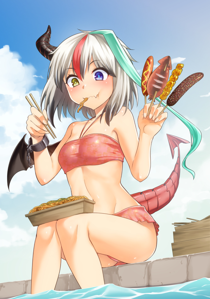 1girl, aqua_hair, asymmetrical_hair, bare_arms, bare_legs, bare_shoulders, bikini, bikini_skirt