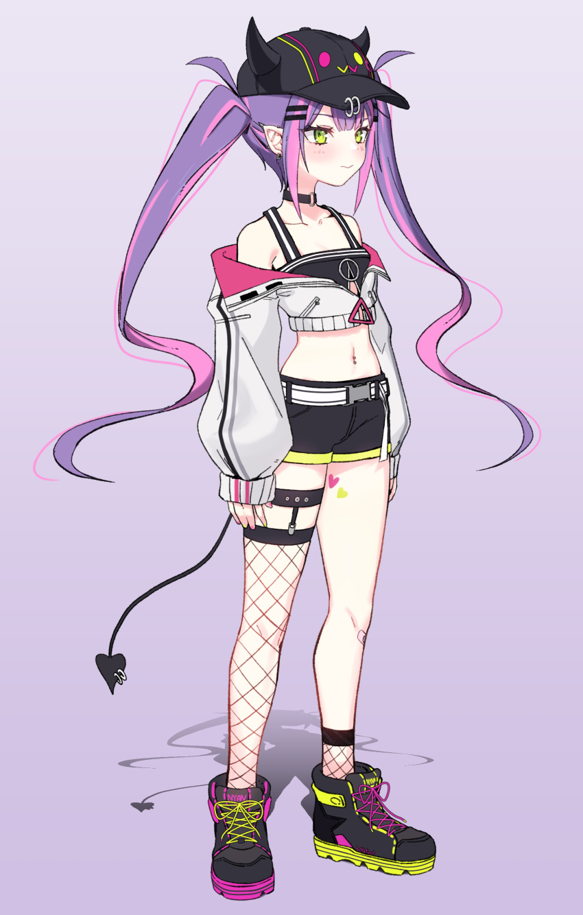 1girl, absurdres, artpatient, asymmetrical_legwear, bare_shoulders, baseball_cap, belt, bibi_(tokoyami_towa)