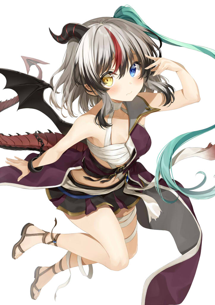 1girl, aqua_hair, armpits, asymmetrical_hair, bandaged_leg, bandages, bare_shoulders, black_hair