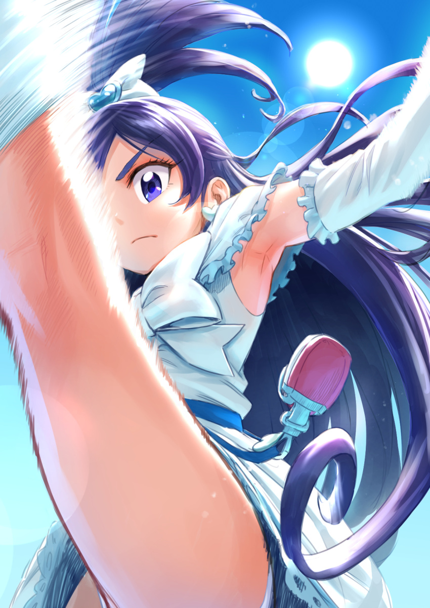 1girl, action, armpits, blue_eyes, blue_hair, cure_white, detached_sleeves, dress, duplicate, earrings, fighting, frilled_dress, frilled_sleeves, frills, futari_wa_precure, hair_ornament, hair_ribbon, heart, heart_earrings, highres, itou_shin'ichi, jewelry, kicking, long_hair, looking_at_viewer, magical_girl, motion_blur, precure, ribbon, serious, sky, solo, sun, white_dress, white_ribbon, white_sleeves, yukishiro_honoka