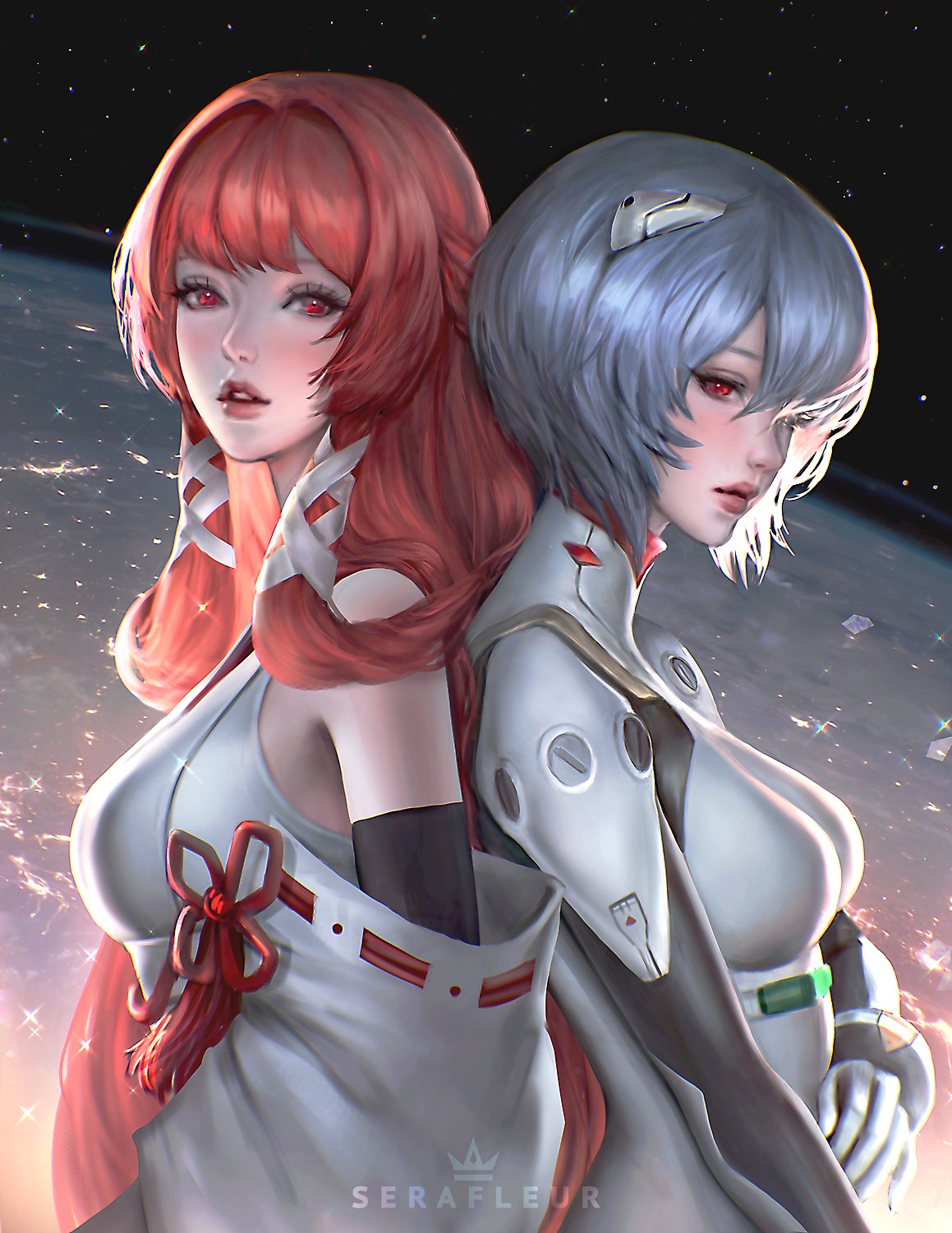 2girls, abigail_diaz, artist_name, ayanami_rei, back-to-back, blue_hair, breasts, commentary