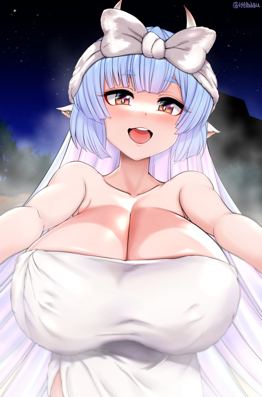 1girl, animal_ears, artist_name, bare_shoulders, brown_eyes, collarbone, commentary_request, cow_ears