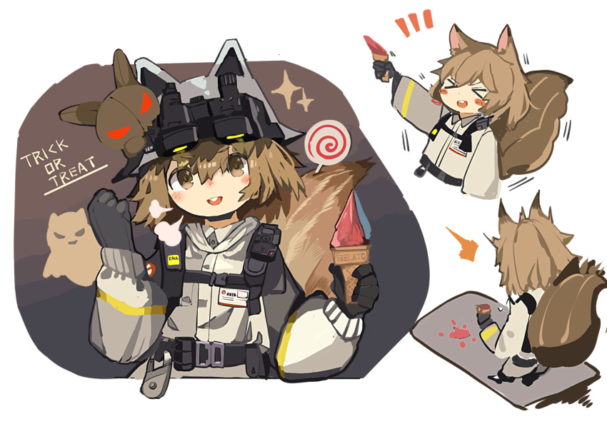 >_<, 1girl, :d, ^^^, animal_ears, animal_ears_helmet, arknights, bangs, black_gloves, blush_stickers, brown_hair, candy, closed_eyes, commentary_request, cropped_torso, eyebrows_visible_through_hair, fake_animal_ears, fire_helmet, fire_jacket, firefighter, food, gelato_(food), gloves, grey_jacket, holding, holding_food, ice_cream_cone, jacket, lollipop, long_sleeves, multiple_views, notice_lines, open_mouth, puffy_long_sleeves, puffy_sleeves, ryu_(17569823), shaw_(arknights), smile, sparkle, spill, squirrel_ears, squirrel_girl, squirrel_tail, standing, swirl_lollipop, tail, trick_or_treat, upper_body, upper_teeth, xd