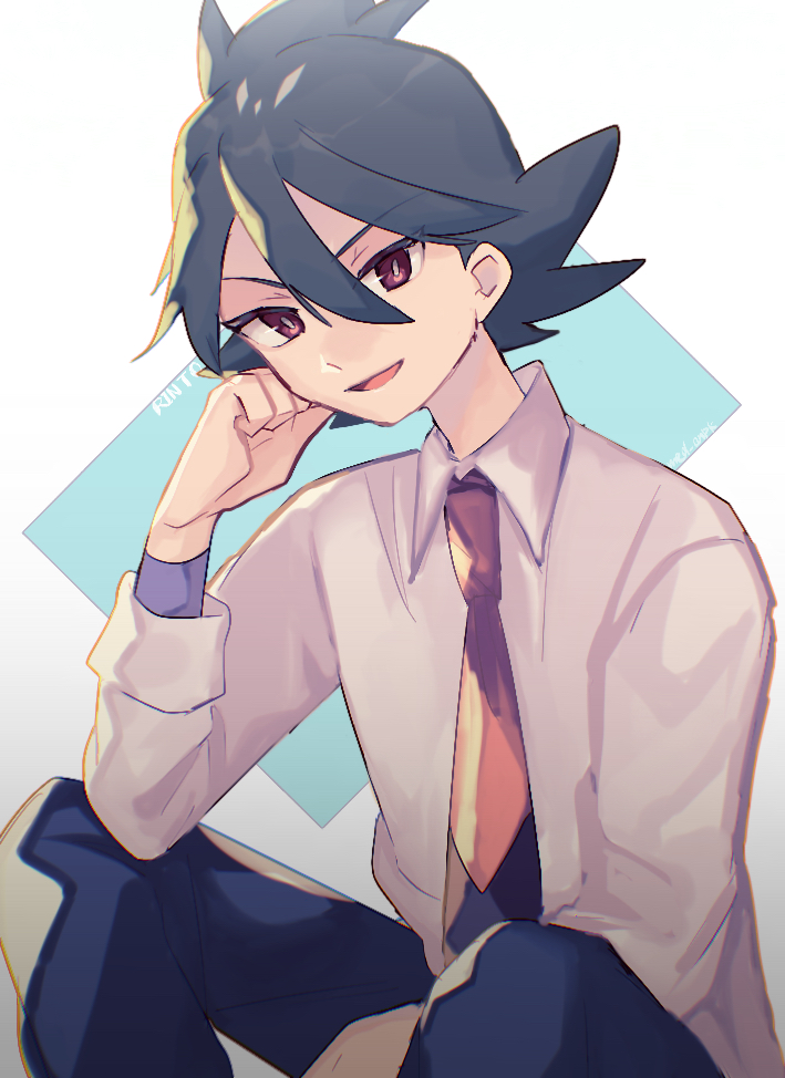 1boy, bangs, black_hair, black_pants, bright_pupils, character_name, collared_shirt, commentary_request, hair_between_eyes, looking_at_viewer, male_focus, meddo, necktie, open_mouth, pants, pokemon, pokemon_(anime), pokemon_swsh_(anime), red_eyes, red_neckwear, rinto_(pokemon), shirt, smile, solo, tongue, undershirt, white_pupils, white_shirt