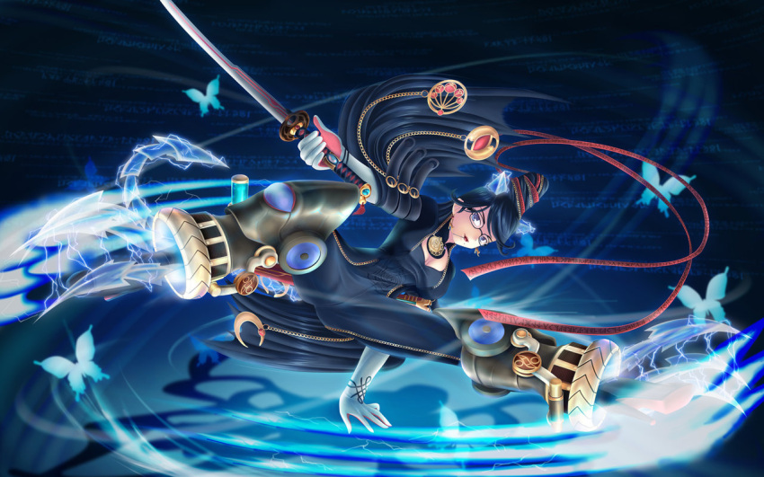 bayonetta, bayonetta_(character), beauty_mark, black_hair, blue_eyes, bodysuit, earrings, female