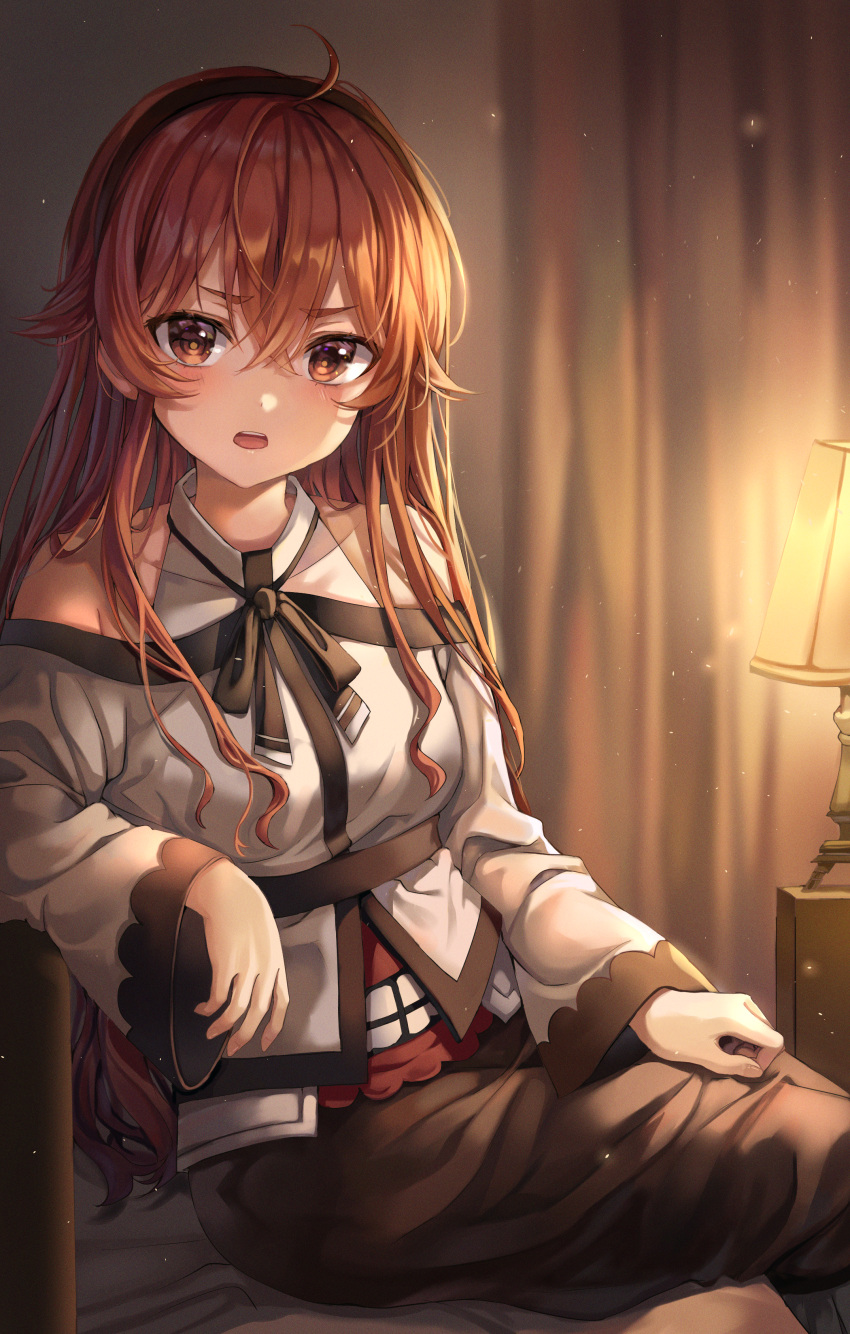 1girl, absurdres, ahoge, bangs, bare_shoulders, black_hairband, black_skirt, blurry