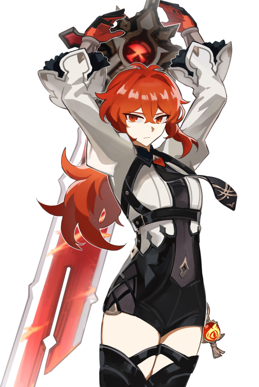 1boy, arms_up, bangs, black_legwear, black_neckwear, closed_mouth, cosplay, crossdressinging, diluc_(genshin_impact), english_commentary, eula_(genshin_impact), eula_(genshin_impact)_(cosplay), fur_trim, genshin_impact, gloves, hair_between_eyes, highres, iwis, long_hair, long_sleeves, male_focus, necktie, ponytail, red_eyes, redhead, simple_background, solo, sword, thigh-highs, vision_(genshin_impact), weapon, white_background