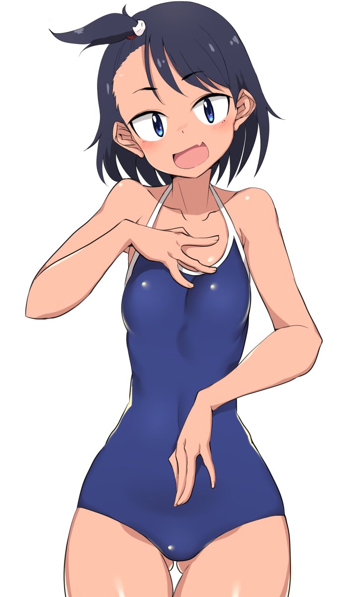 1girl, ass_visible_through_thighs, bangs, black_hair, blue_eyes, blue_swimsuit, breasts, buta-don