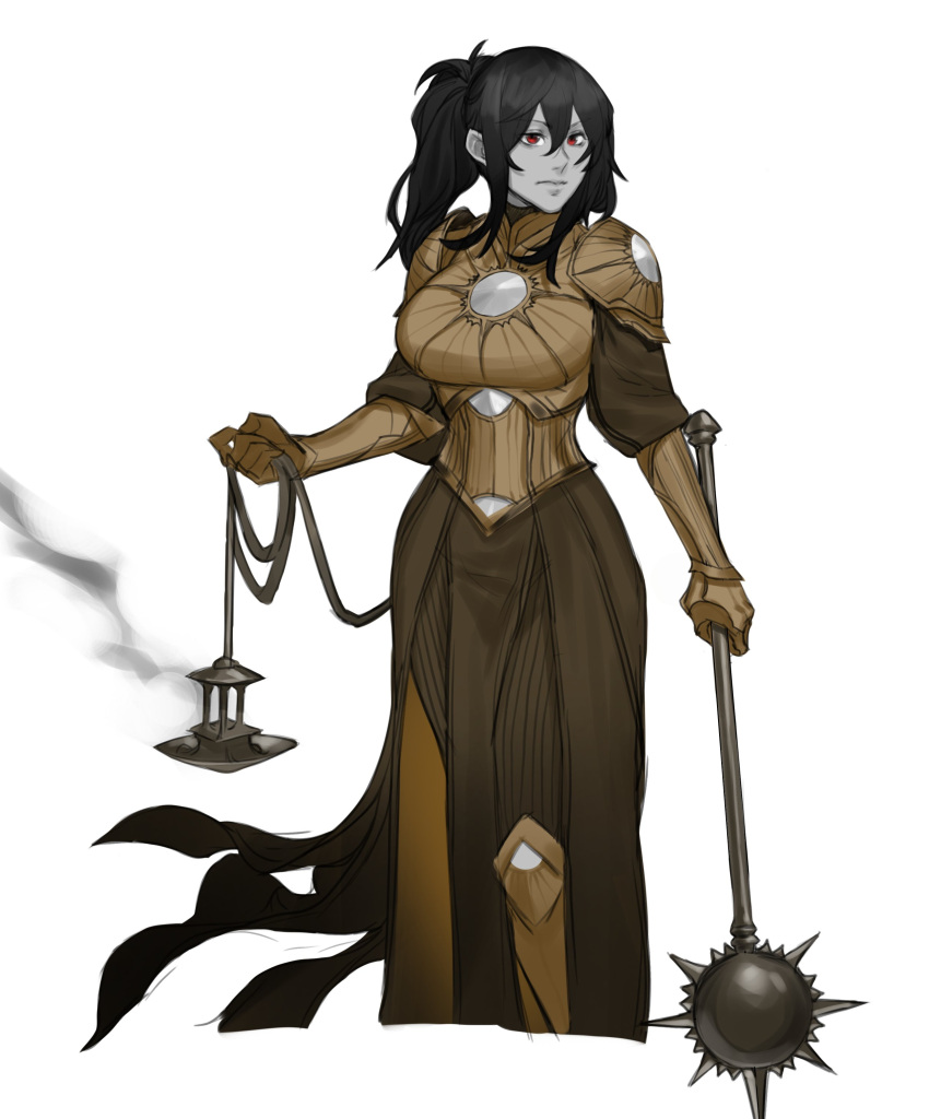 1girl, absurdres, armor, bangs, black_hair, breastplate, censer, colored_skin