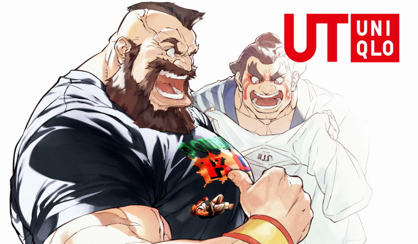 >:q, 2boys, artist_request, beard, beaten, black_shirt, brown_hair, chonmage