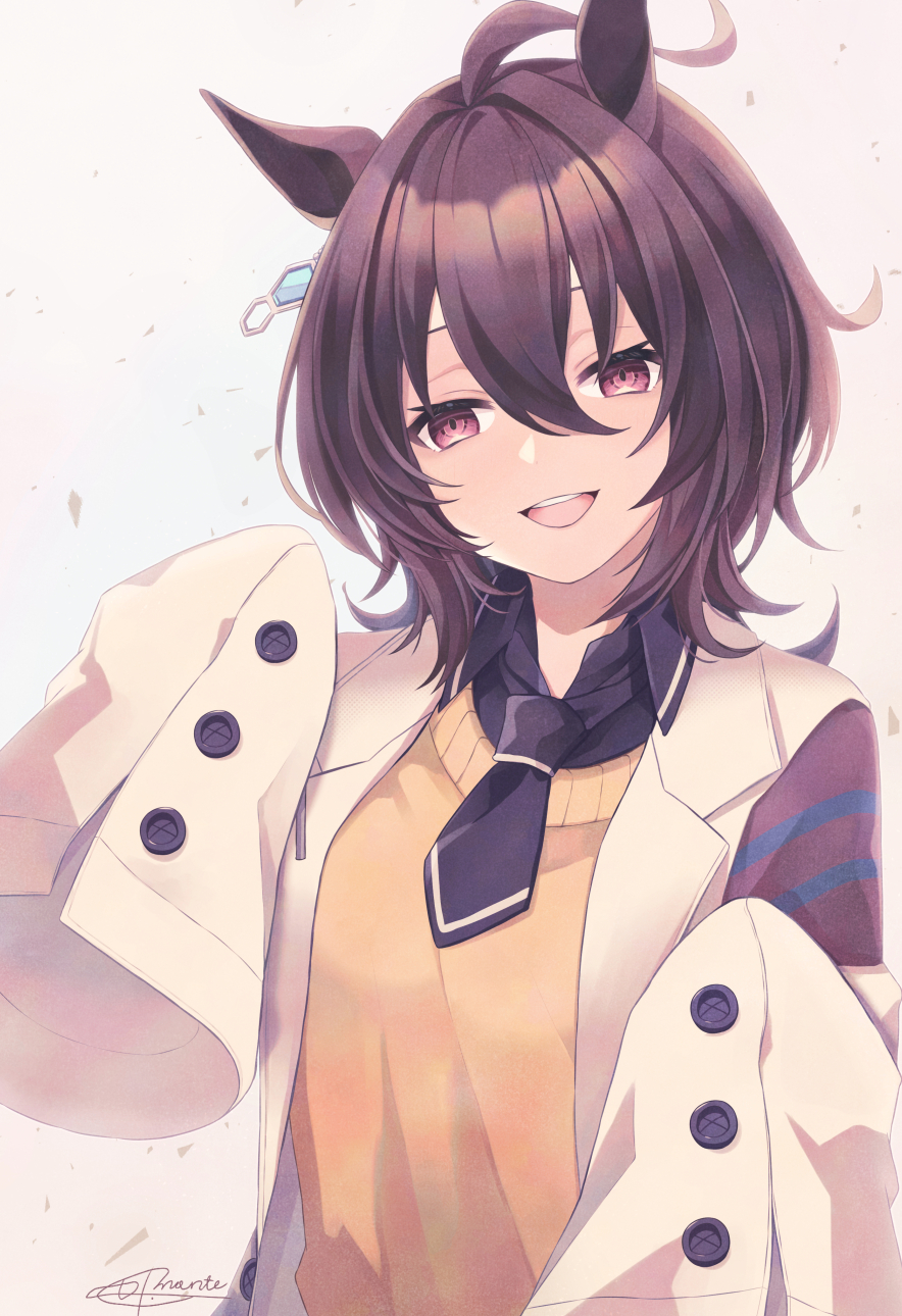 1girl, agnes_tachyon_(umamusume), ahoge, animal_ears, bangs, breasts, brown_eyes, brown_hair