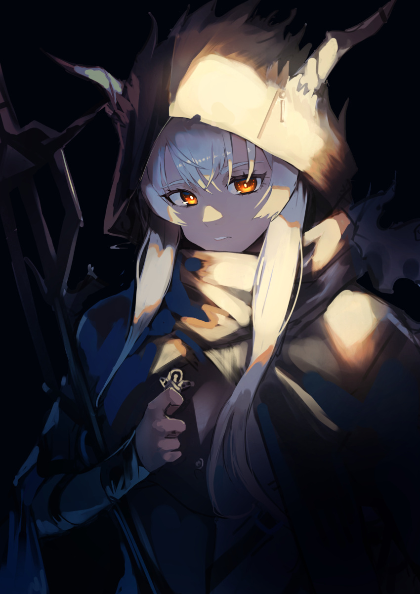 arknights, bannnouyakunta, cloak, demon_girl, demon_horns, duplicate, highres, holding