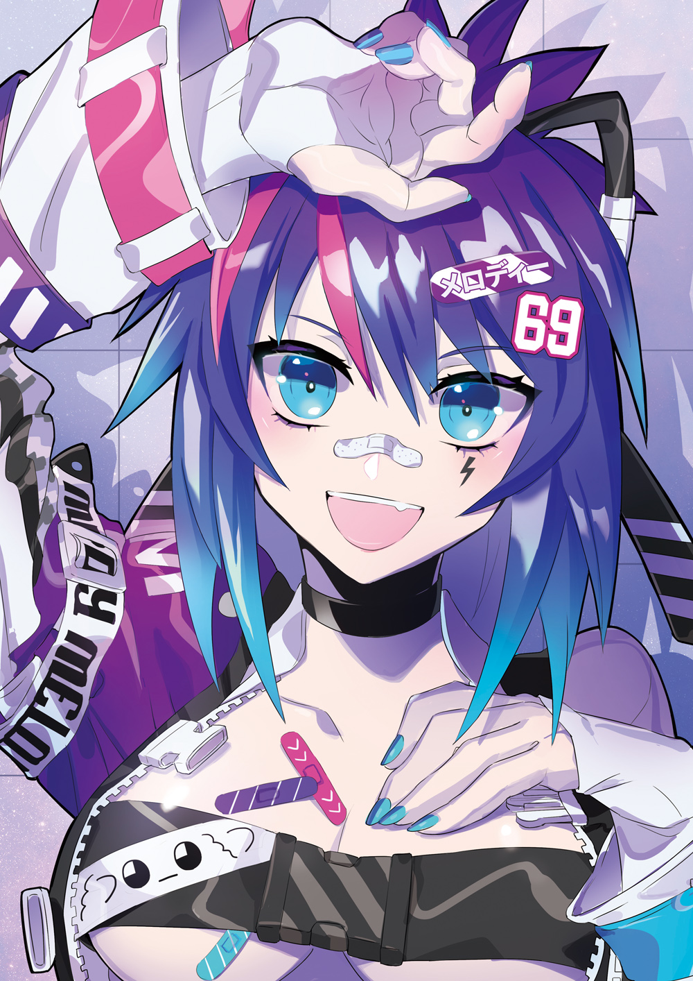 1girl, bandaid, bandaid_on_face, belt, blue_eyes, blue_hair, bow, character_name
