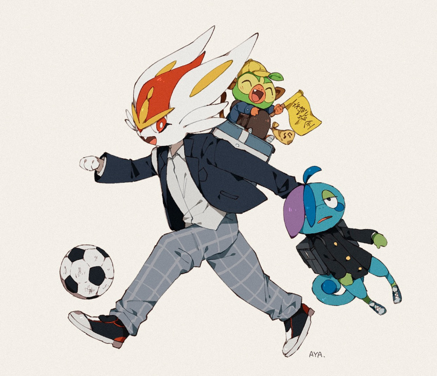 artist_name, aya_(ayamenora), bag, ball, black_footwear, black_jacket, bright_pupils, buttons, carrying, cinderace, clothed_pokemon, commentary_request, drizzile, from_side, gakuran, gen_8_pokemon, grey_pants, grookey, hat, hatted_pokemon, holding, jacket, long_sleeves, no_humans, open_mouth, pants, pokemon, pokemon_(anime), pokemon_(creature), pokemon_swsh_(anime), red_eyes, running, school_uniform, shoes, smile, soccer_ball, starter_pokemon, tongue, tooth, white_pupils, yellow_headwear