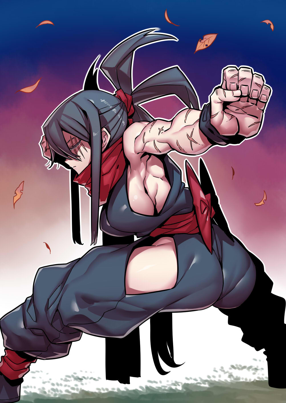 (fate), 1girl, ass, black_hair, breasts, character_request, closed_eyes, closed_mouth, danzou, falling_leaves, highres, katou, leaf, long_hair, muscular, original, scar, scar_on_face, scarf, sideboob, solo, tukiwani