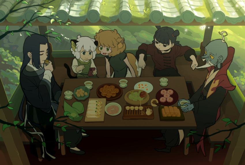 1girl, 4boys, animal_ears, black_hair, cat_boy, cat_ears, cat_tail, closed_eyes, colored_sclera, food, fox_ears, fox_girl, fox_tail, holding, holding_phone, jiulao_(the_legend_of_luoxiaohei), leaf, long_sleeves, luoxiaohei, multiple_boys, nezha_(the_legend_of_luoxiaohei), open_mouth, orange_hair, outdoors, phone, plate, ruoshui_(the_legend_of_luoxiaohei), sitting, smile, table, tail, the_legend_of_luo_xiaohei, tree, twin-mix, white_hair, wuxian_(the_legend_of_luoxiaohei), yellow_sclera