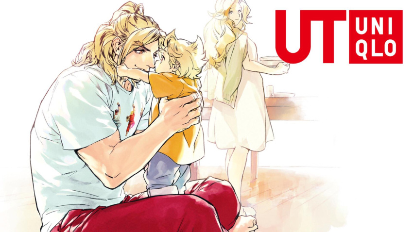 1girl, 2boys, barefoot, blonde_hair, child, eliza_masters, family, father_and_son