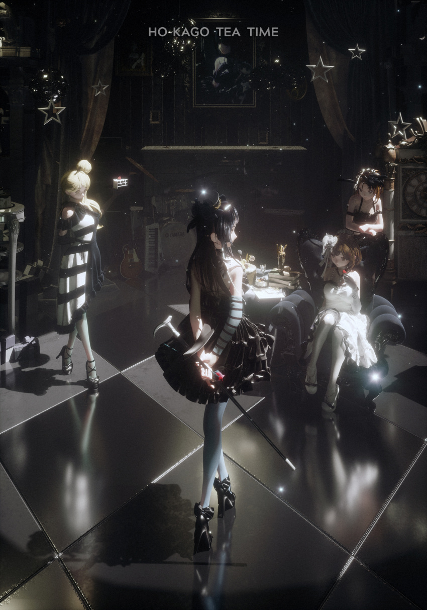 3d, 4girls, akiyama_mio, arm_behind_back, arms_behind_back, asymmetrical_hair, bangs, bare_shoulders