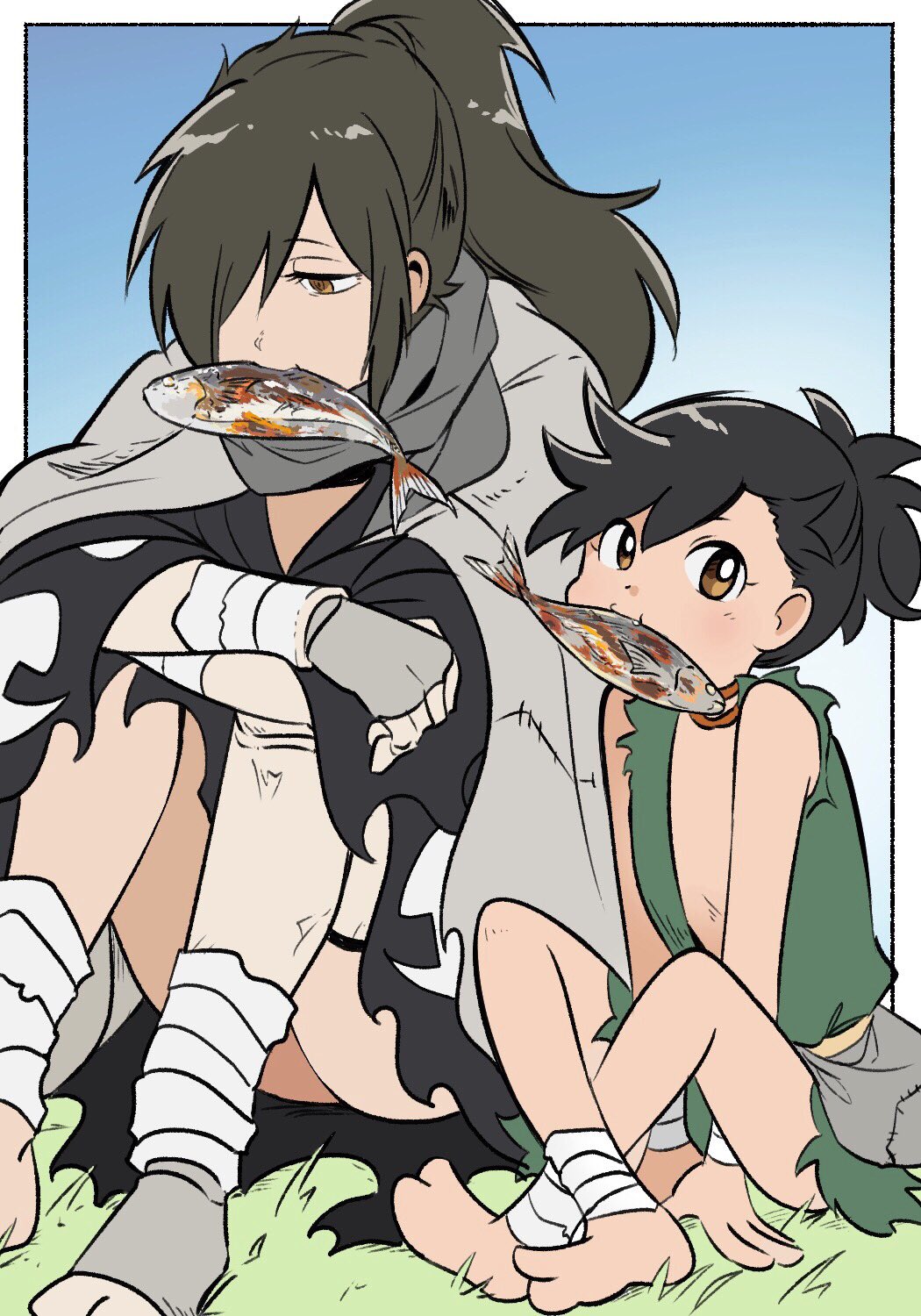 1boy, 1girl, barefoot, black_hair, brown_eyes, dororo_(character), dororo_(tezuka), fish