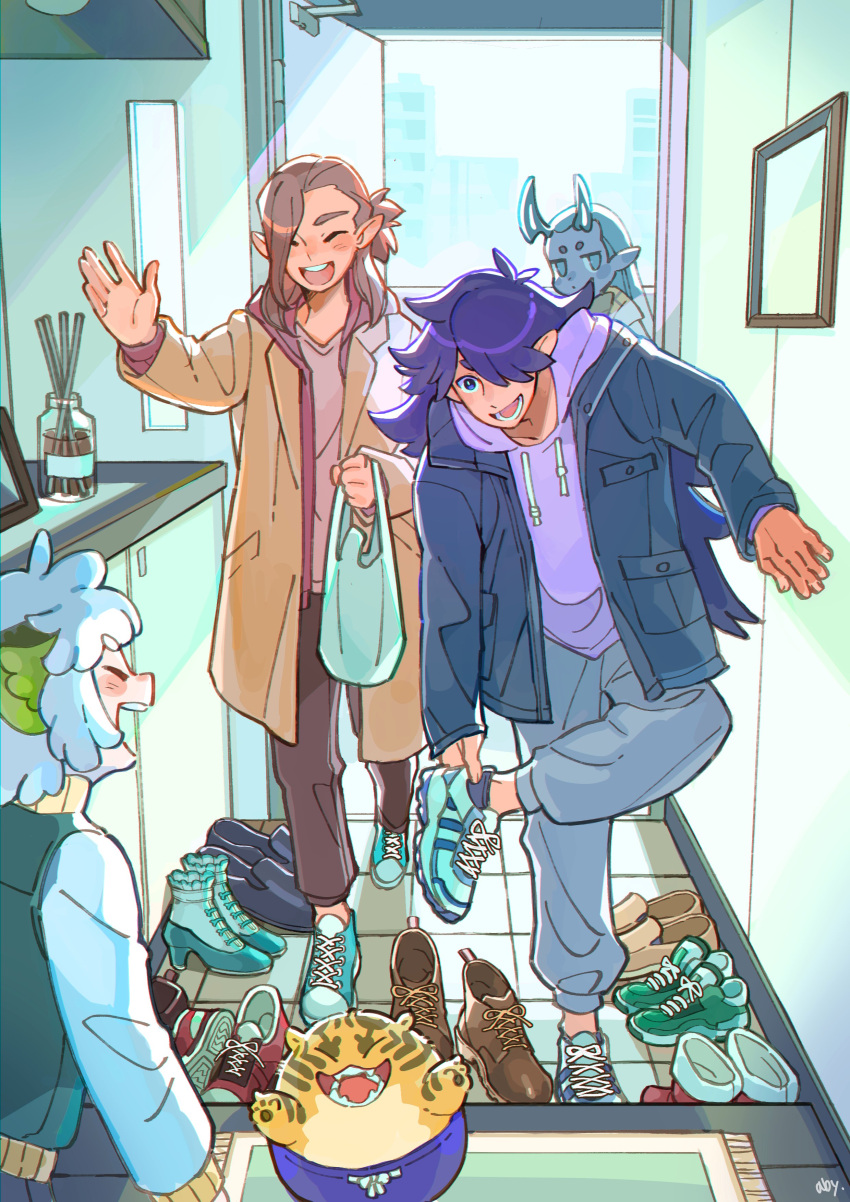 5boys, absurdres, abyff14, alternate_height, aqua_footwear, aqua_hair, bag, blush
