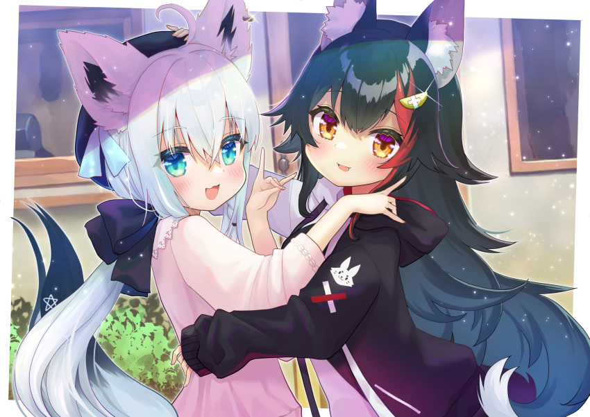2girls, animal_ear_fluff, animal_ears, bangs, beret, black_hair, black_hoodie, black_ribbon