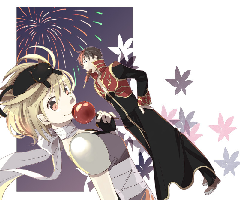 1boy, 1girl, aerial_fireworks, animal_on_head, armor, assassin_(ragnarok_online), bandages, bangs