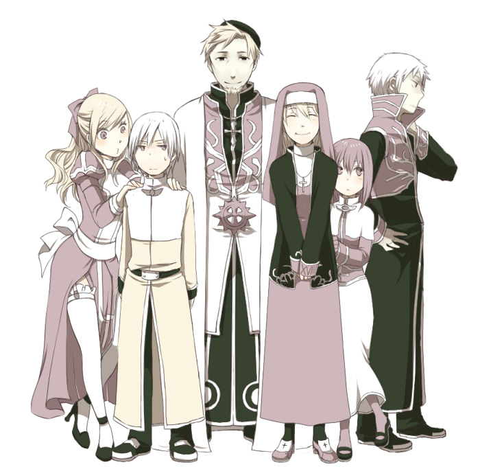 3boys, 3girls, acolyte_(ragnarok_online), biretta, black_coat, black_footwear, black_headwear, black_legwear