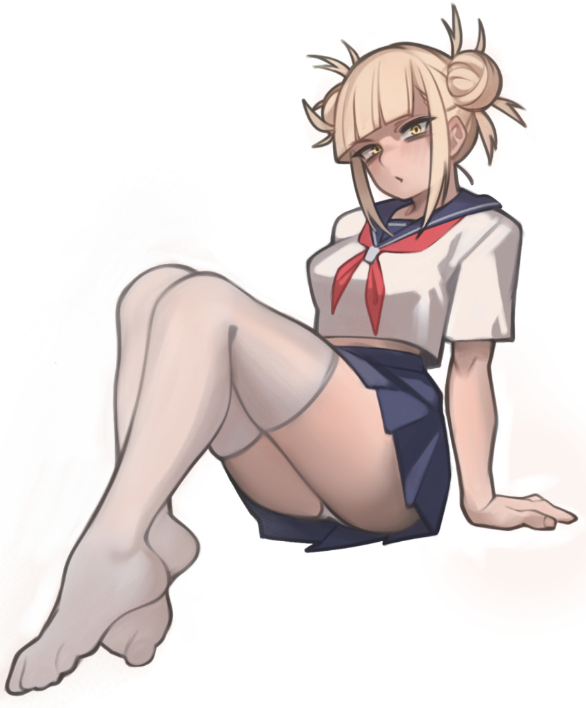 1girl, alternate_legwear, bags_under_eyes, bangs, blonde_hair, blue_dress, blunt_bangs, boku_no_hero_academia, breasts, crop_top, double_bun, dress, full_body, highres, legs_together, lentiyay, looking_at_viewer, messy_hair, panties, pantyshot, pleated_skirt, school_uniform, serafuku, short_hair, sitting, skirt, small_breasts, solo, thigh-highs, thighs, toga_himiko, underwear, white_legwear, white_panties, yellow_eyes