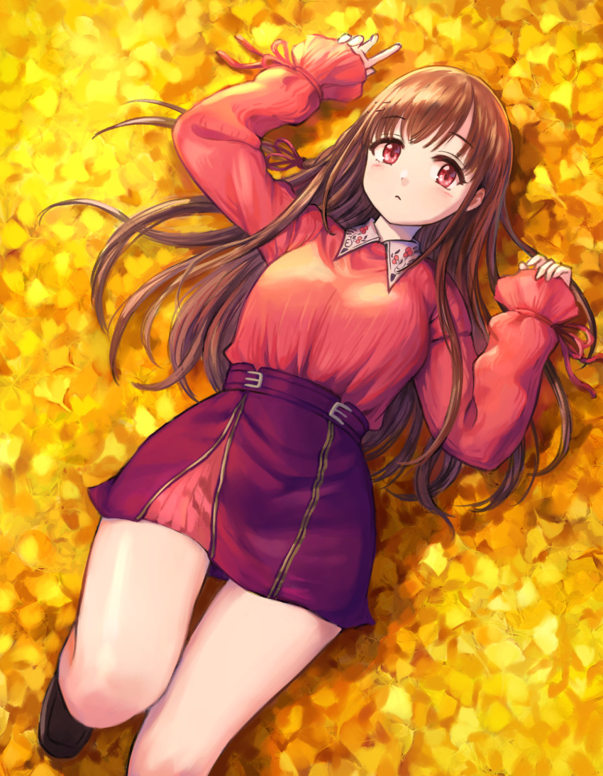 1girl, bare_legs, bolbbangbbang, breasts, brown_hair, expressionless, ginkgo_leaf, hands_up, high-waist_skirt, highres, idolmaster, idolmaster_shiny_colors, large_breasts, leg_up, long_hair, looking_at_viewer, lying, on_back, red_shirt, red_skirt, shirt, skirt, sleeves_past_wrists, solo, sonoda_chiyoko